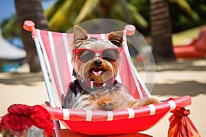 Dog Laid-Back Yorkshire_Terrier: Unwinding on Vacation on the beach. Generative AI