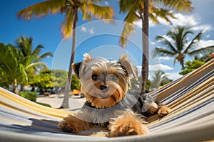 Dog Laid-Back Yorkshire_Terrier: Unwinding on Vacation on the beach. Generative AI