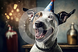 Dog laughs out loud at a party, funny image of pets. Ai generated