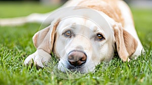 A dog laying on the grass with its head down, AI