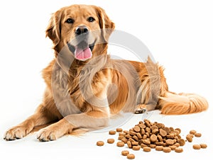 Dog laying next to dry kibble, dog and its food