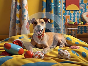 a dog laying on a pillow in a room with lots of toys
