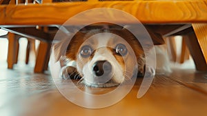 Dog laying under a chair scared at home hiding