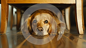 Dog laying under a chair scared at home hiding