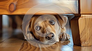 Dog laying under a chair scared at home hiding