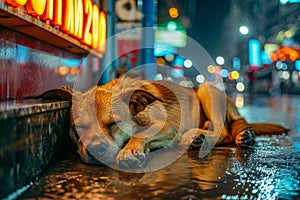 Dog lays down on wet street at night. Generative AI