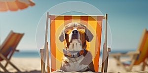 dog lazy beach relax funny sunglasses chair pet vacation summer. Generative AI.