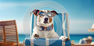 dog lazy chair relax beach pet funny summer sunglasses vacation. Generative AI.