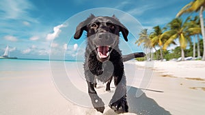 Dog leaps and plays on the beach