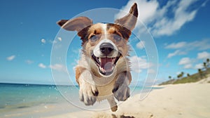 Dog leaps and plays on the beach