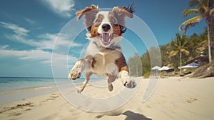 Dog leaps and plays on the beach