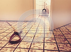 Dog leash on floor under door of toilet surrealistic image