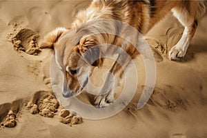 dog leaving paw prints while digging in sand