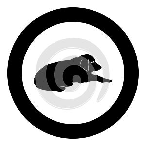 Dog lie on street Pet lying on ground Relaxed doggy icon black color illustration in circle round