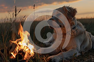 a dog lies beside a crackling campfire near a travel van, creating a cozy scene of relaxation and companionship