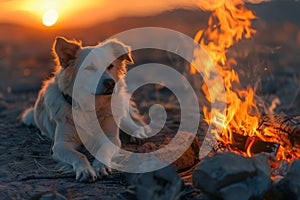 a dog lies beside a crackling campfire near a travel van, creating a cozy scene of relaxation and companionship