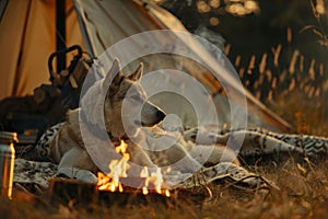 a dog lies beside a crackling campfire near a travel van, creating a cozy scene of relaxation and companionship