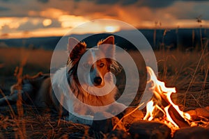 a dog lies beside a crackling campfire near a travel van, creating a cozy scene of relaxation and companionship