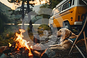 a dog lies beside a crackling campfire near a travel van, creating a cozy scene of relaxation and companionship