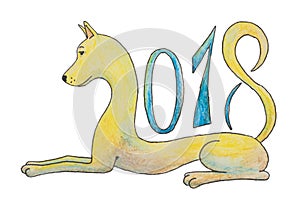 The dog lies and figures 2018 as a symbol for the new year