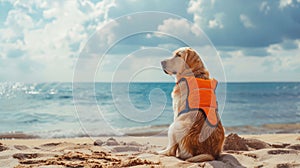 A dog in a life jacket sits near the shore by the sea with space for text