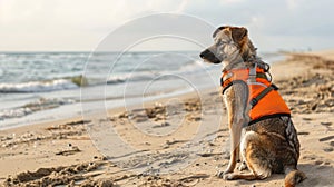 A dog in a life jacket sits near the shore by the sea with space for text