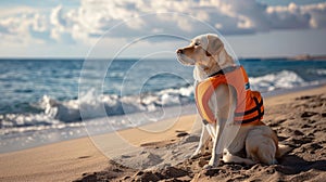 A dog in a life jacket sits near the shore by the sea with space for text