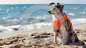 A dog in a life jacket sits near the shore by the sea with space for text