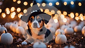 dog with lights A delightful Halloween puppy sitting in a patch of tiny white pumpkins, with a soft witch hat on