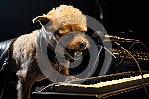 dog like as rock star performing onstage with band, playing guitar or keyboard