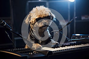 dog like as rock star performing onstage with band, playing guitar or keyboard