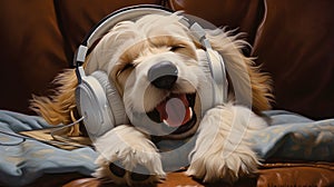Dog listening to music with headphones