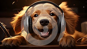 Dog listening to music with headphones