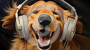 Dog listening to music with headphones