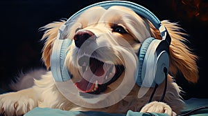 Dog listening to music with headphones