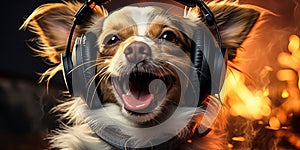 Dog Listening to Music in Headphones A Modern Pet A photo of a dog listening to music through headphones symbolizing the modern