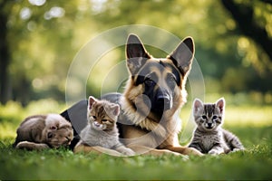 dog little German kittens two shepherd lying touching protect felino puppy cute childhood youth fun kitten animal playing looking photo