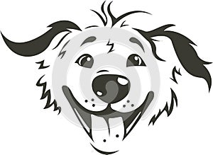 Dog logo, pets face icon, puppy head. Smiling shaggy dog. Best using for grooming salon, veterinarian clinic