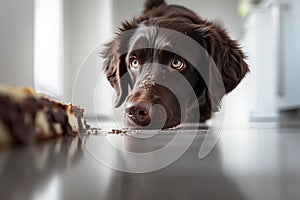 Dog looking at birthday cake with chocolate.