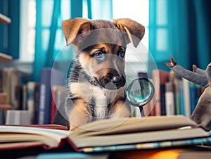 A dog looking through a magnifying glass. AI generative image.