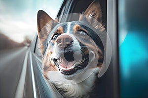 Dog looking out of a car window, ai generative illustration
