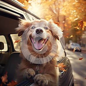 Dog looking out car window in autumn. Traveling with pets and road trip concept