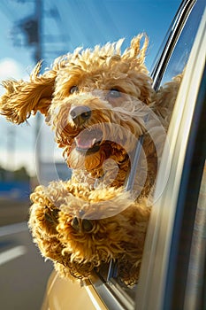 A dog is looking out the window of a car