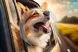 Dog is looking out the window of car. Generative AI