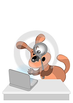 The dog looks at the news in the computer with surprise through a magnifying glass.