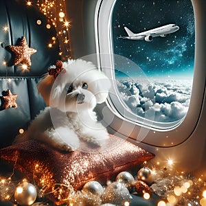 Dog looks out the window of an airplane. Hand near the porthole. Dog on the plane generative ai. Airplane wing, scenic view.