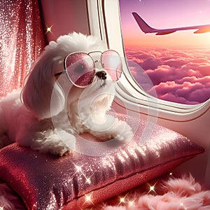 Dog looks out the window of an airplane. Hand near the porthole. Dog on the plane generative ai. Airplane wing, scenic view.