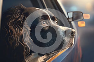 The dog looks out the window in the car. AI generative