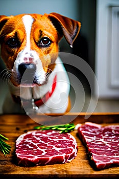 The dog looks sadly at the meat photography generated by ai