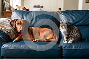 Dog lounging on blue couch, cat nearby in cozy living room